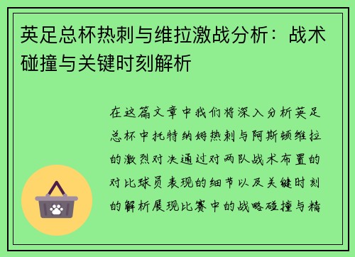 英足总杯热刺与维拉激战分析：战术碰撞与关键时刻解析